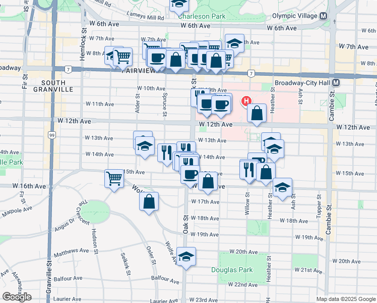 map of restaurants, bars, coffee shops, grocery stores, and more near in Vancouver