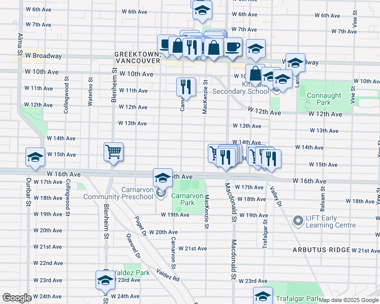 map of restaurants, bars, coffee shops, grocery stores, and more near in Vancouver