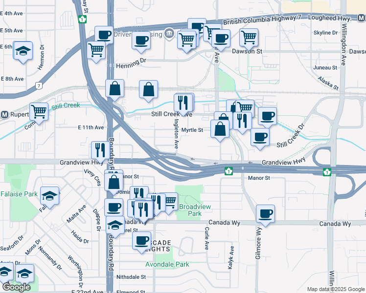 map of restaurants, bars, coffee shops, grocery stores, and more near 3876 Regent Street in Burnaby