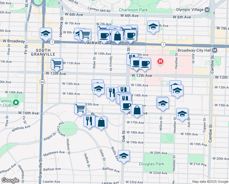 map of restaurants, bars, coffee shops, grocery stores, and more near 1075 West 14th Avenue in Vancouver