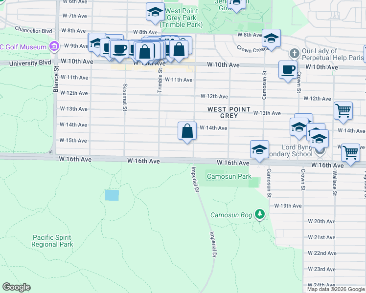 map of restaurants, bars, coffee shops, grocery stores, and more near 4328 West 15th Avenue in Vancouver