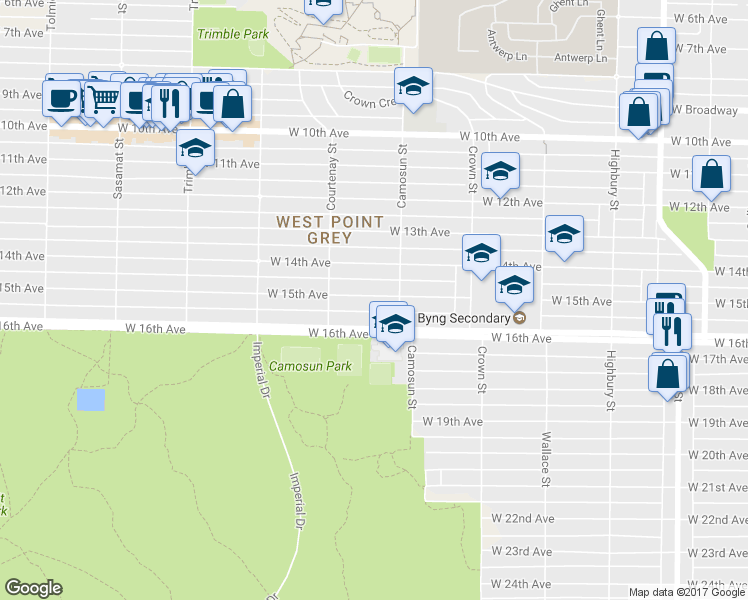 map of restaurants, bars, coffee shops, grocery stores, and more near 4138 West 15th Avenue in Vancouver