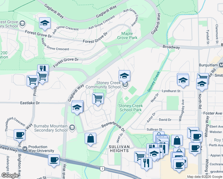 map of restaurants, bars, coffee shops, grocery stores, and more near 9153 Saturna Drive in Burnaby