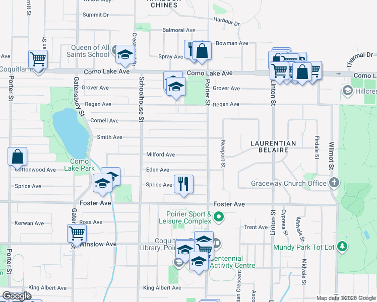 map of restaurants, bars, coffee shops, grocery stores, and more near 1663 Milford Avenue in Coquitlam