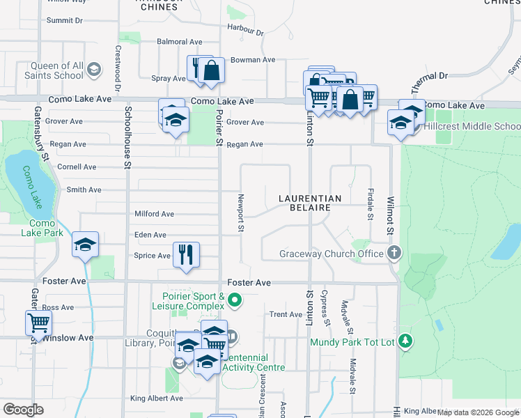 map of restaurants, bars, coffee shops, grocery stores, and more near 1760 Rideau Avenue in Coquitlam