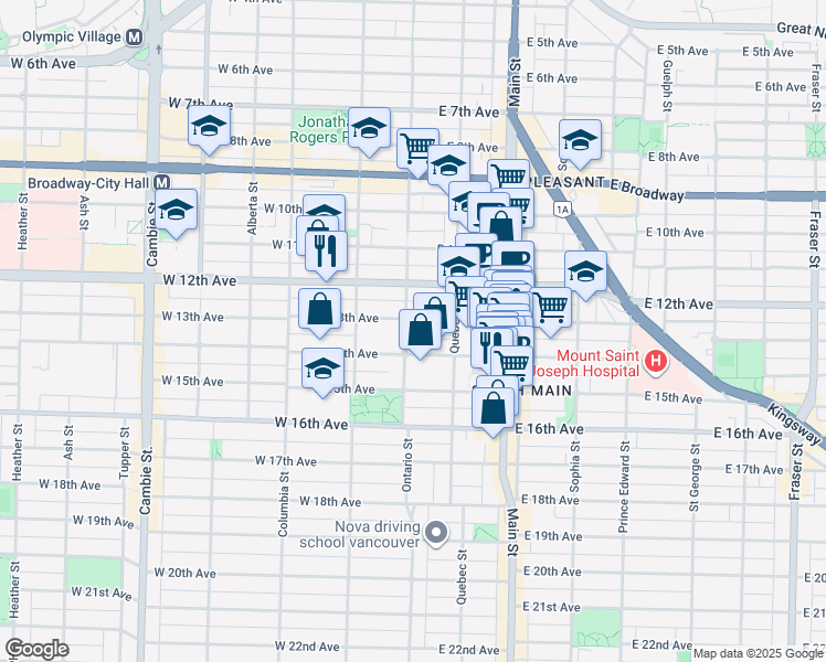 map of restaurants, bars, coffee shops, grocery stores, and more near 2910 Ontario Street in Vancouver