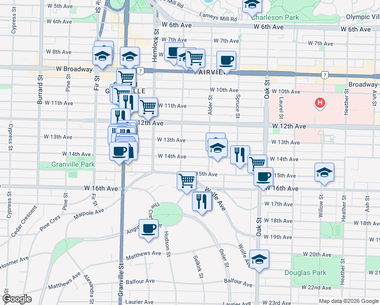 map of restaurants, bars, coffee shops, grocery stores, and more near 1255 West 14th Avenue in Vancouver