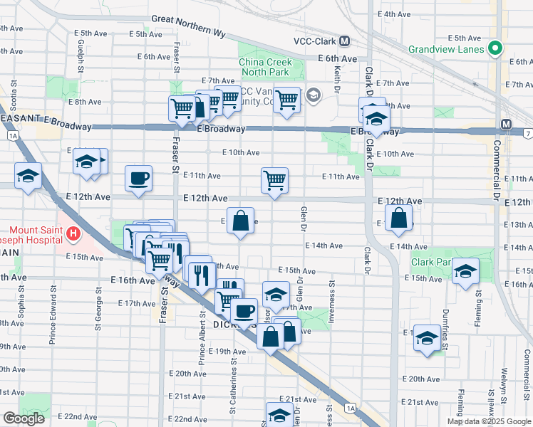 map of restaurants, bars, coffee shops, grocery stores, and more near 2841 Windsor Street in Vancouver
