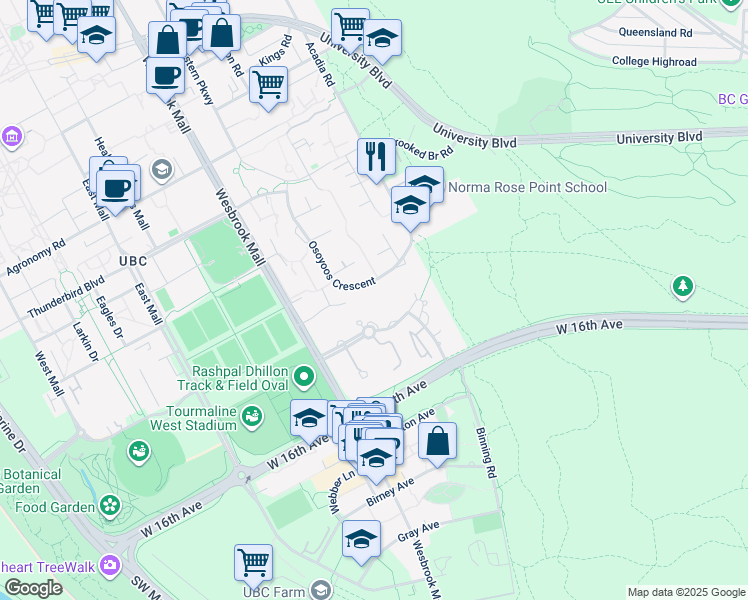 map of restaurants, bars, coffee shops, grocery stores, and more near 5735 Hampton Place in University Endowment Lands