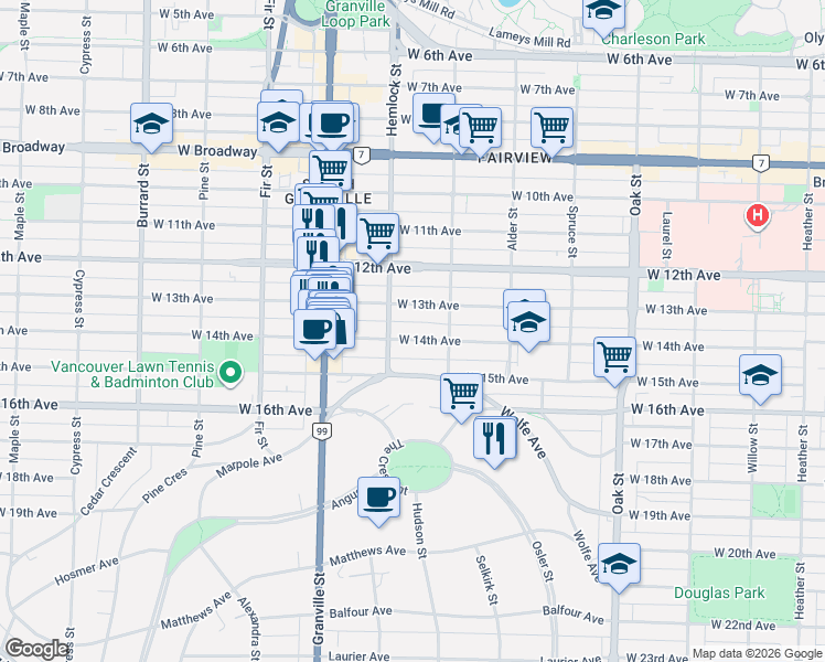map of restaurants, bars, coffee shops, grocery stores, and more near 1355 West 14th Avenue in Vancouver