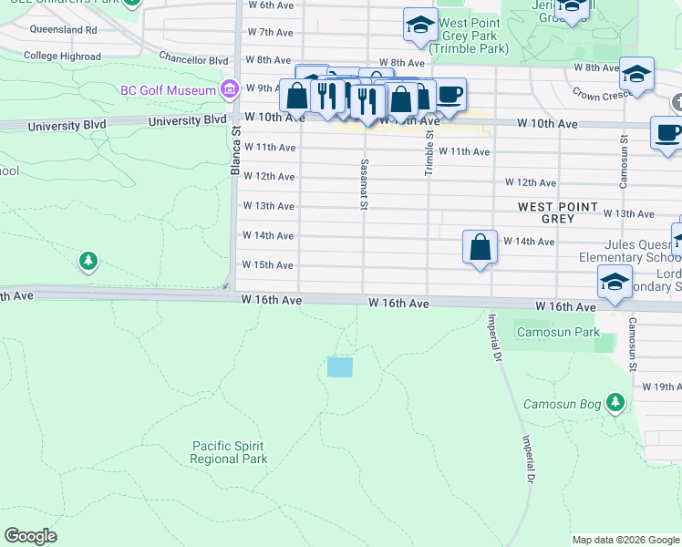 map of restaurants, bars, coffee shops, grocery stores, and more near 4532 West 15th Avenue in Vancouver