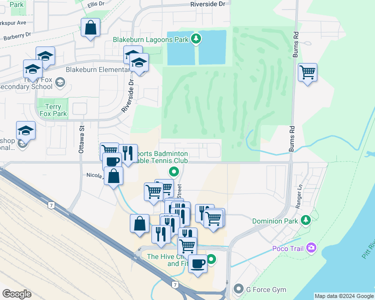 map of restaurants, bars, coffee shops, grocery stores, and more near 2 Avon Place in Port Coquitlam