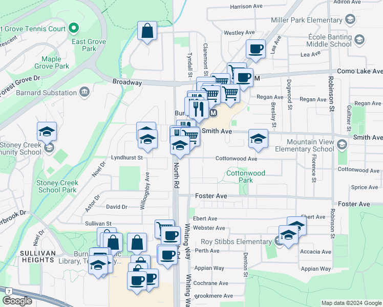 map of restaurants, bars, coffee shops, grocery stores, and more near 504 Cottonwood Avenue in Coquitlam
