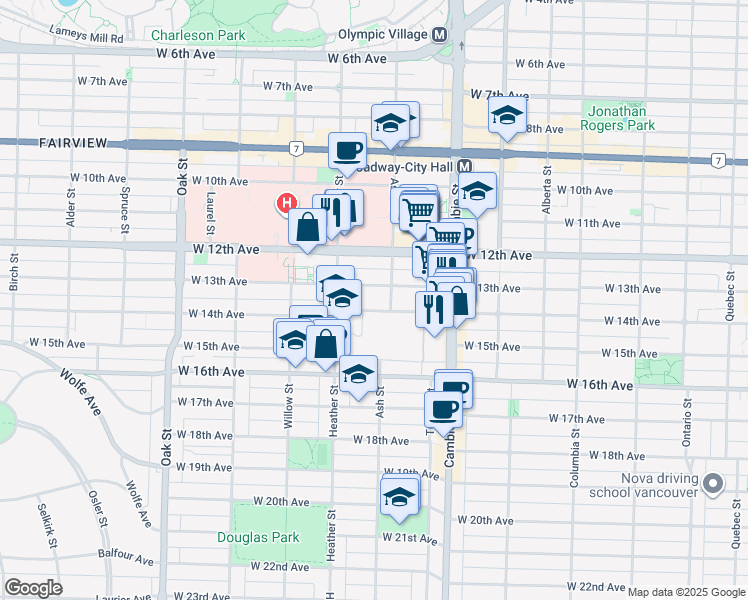 map of restaurants, bars, coffee shops, grocery stores, and more near in Vancouver