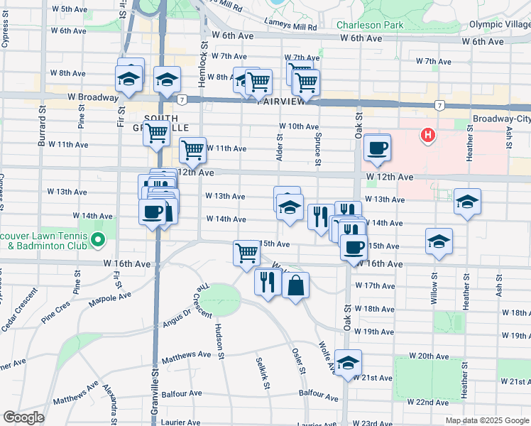 map of restaurants, bars, coffee shops, grocery stores, and more near in Vancouver