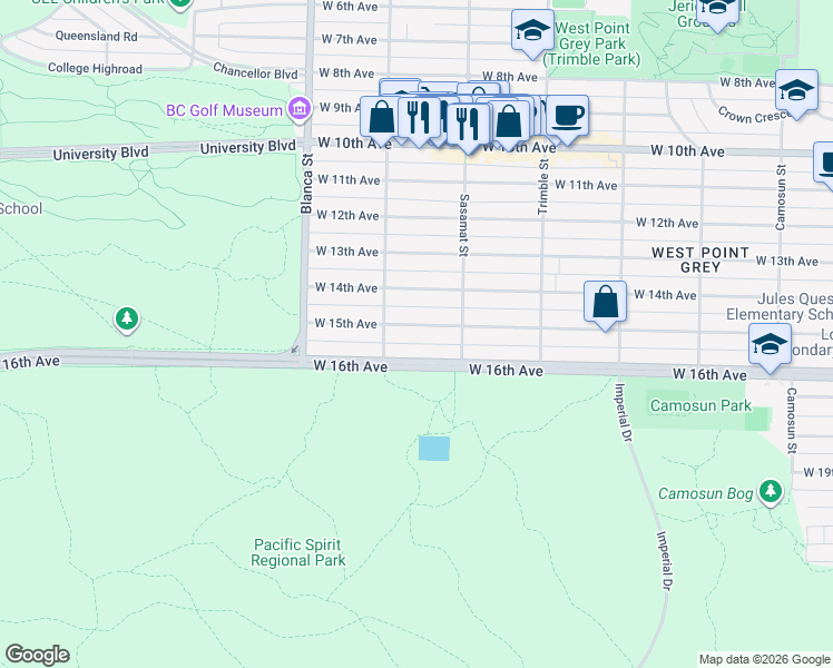 map of restaurants, bars, coffee shops, grocery stores, and more near 4558 West 15th Avenue in Vancouver