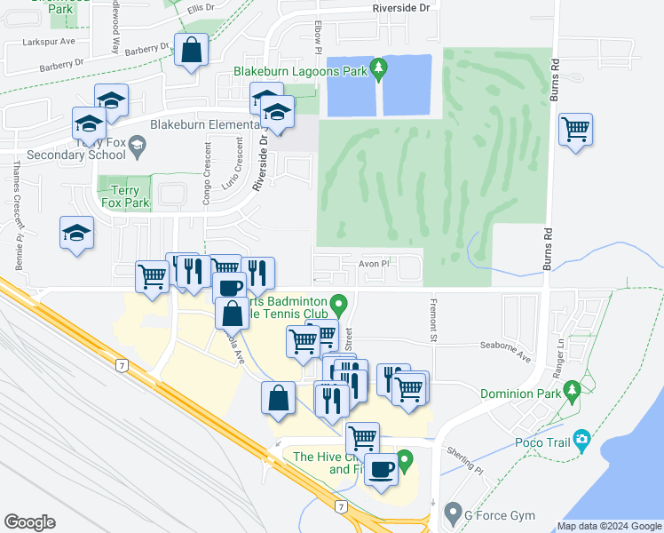 map of restaurants, bars, coffee shops, grocery stores, and more near 2423 Avon Place in Port Coquitlam