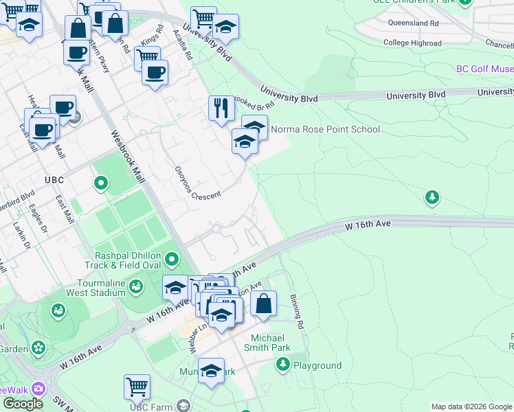 map of restaurants, bars, coffee shops, grocery stores, and more near 5639 Hampton Place in University Endowment Lands