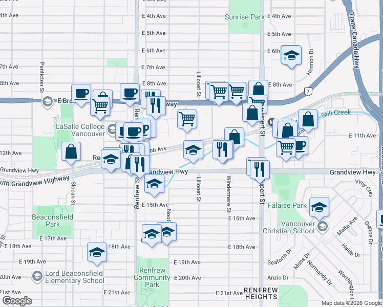 map of restaurants, bars, coffee shops, grocery stores, and more near 3089 Grandview Highway in Vancouver