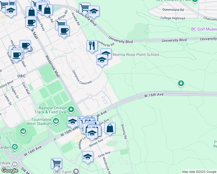 map of restaurants, bars, coffee shops, grocery stores, and more near 5639 Hampton Place in Vancouver