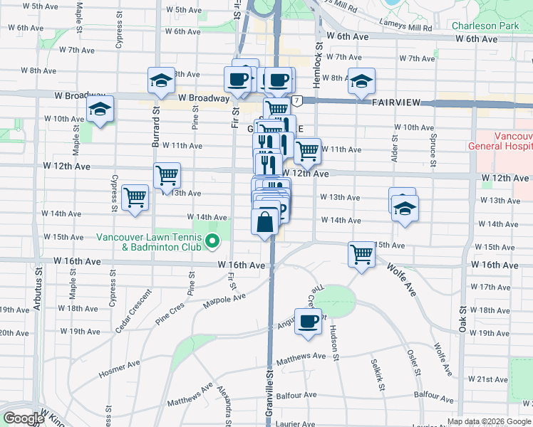 map of restaurants, bars, coffee shops, grocery stores, and more near in Vancouver