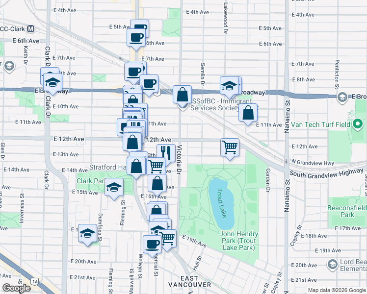 map of restaurants, bars, coffee shops, grocery stores, and more near 2822 Victoria Drive in Vancouver
