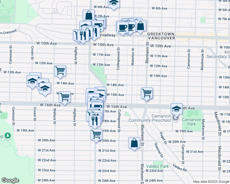 map of restaurants, bars, coffee shops, grocery stores, and more near 3511 West 15th Avenue in Vancouver