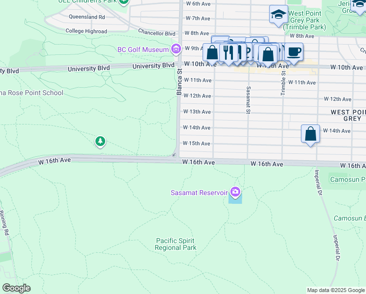 map of restaurants, bars, coffee shops, grocery stores, and more near 4680 West 15th Avenue in Vancouver