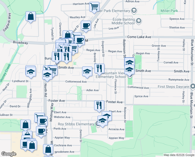 map of restaurants, bars, coffee shops, grocery stores, and more near 629 Cottonwood Avenue in Coquitlam