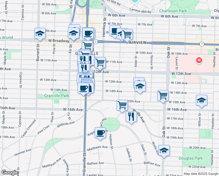 map of restaurants, bars, coffee shops, grocery stores, and more near 1355 West 14th Avenue in Vancouver