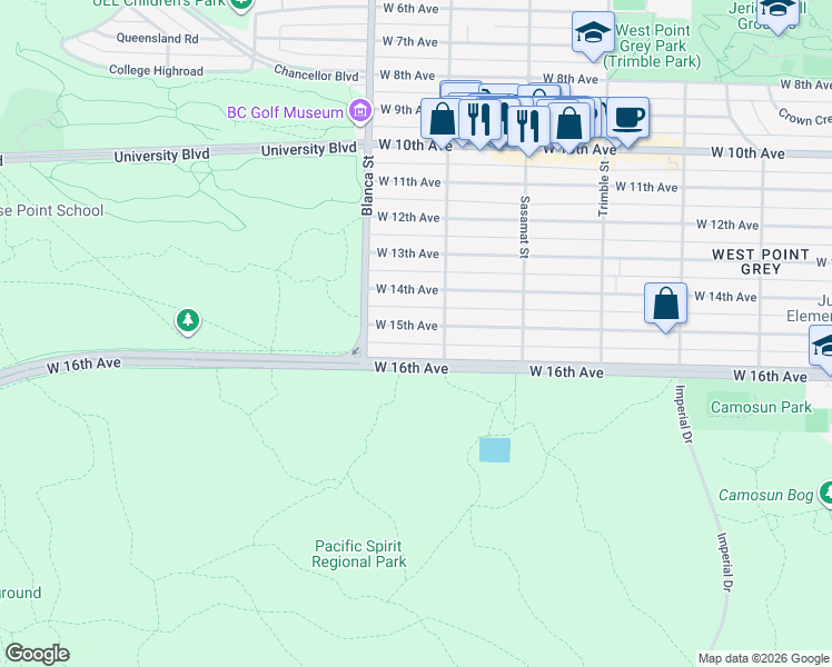 map of restaurants, bars, coffee shops, grocery stores, and more near 4634 West 15th Avenue in Vancouver