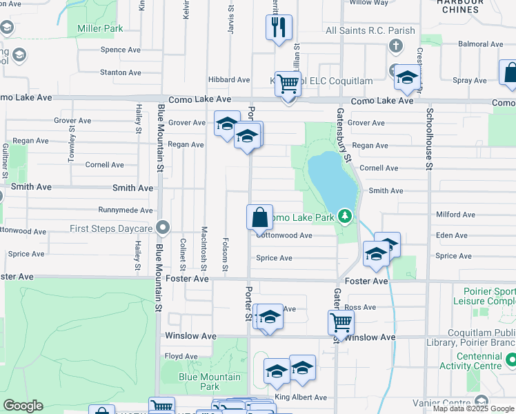 map of restaurants, bars, coffee shops, grocery stores, and more near 1047 Milford Avenue in Coquitlam