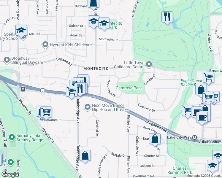 map of restaurants, bars, coffee shops, grocery stores, and more near 2768 Southcrest Drive in Burnaby