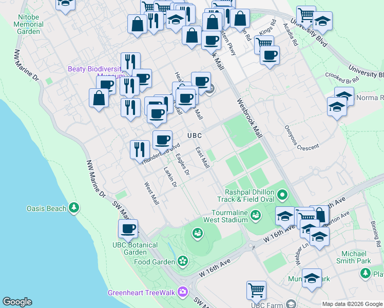 map of restaurants, bars, coffee shops, grocery stores, and more near 6238 Logan Lane in Vancouver