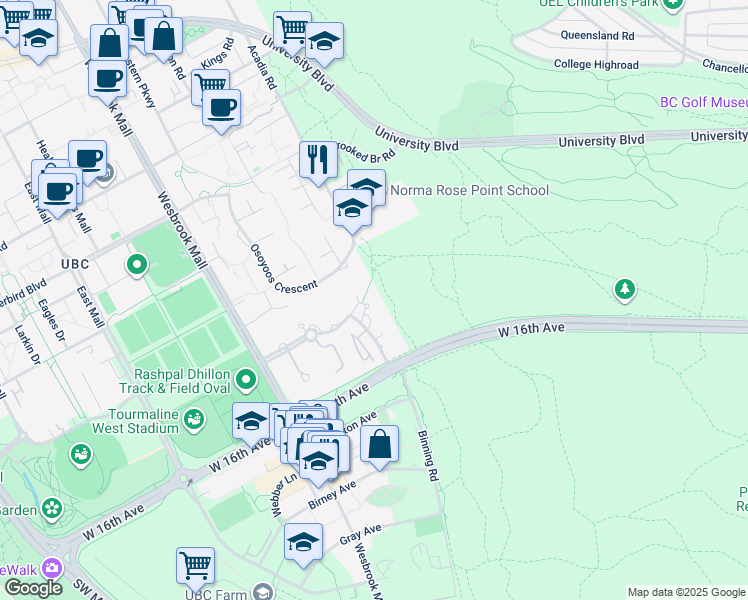 map of restaurants, bars, coffee shops, grocery stores, and more near 5639 Hampton Place in Vancouver