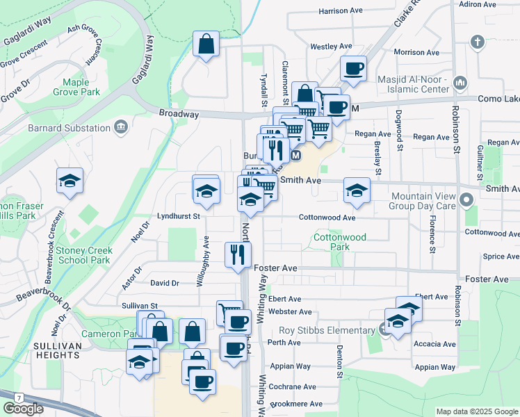 map of restaurants, bars, coffee shops, grocery stores, and more near 504 Cottonwood Avenue in Coquitlam