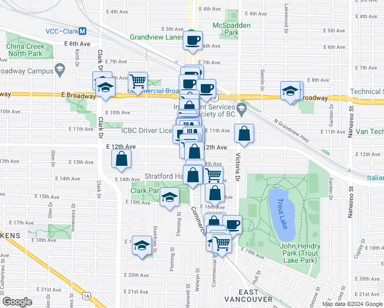 map of restaurants, bars, coffee shops, grocery stores, and more near 2851 Commercial Drive in Vancouver