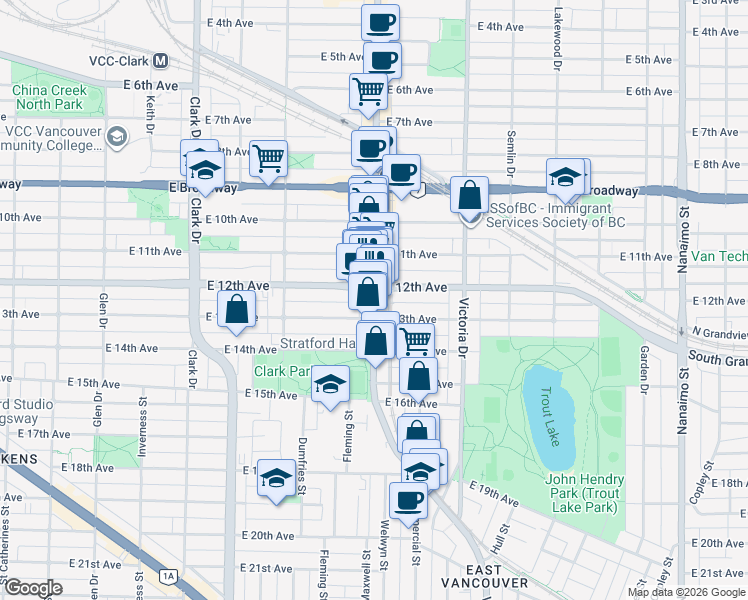 map of restaurants, bars, coffee shops, grocery stores, and more near 2851 Commercial Drive in Vancouver