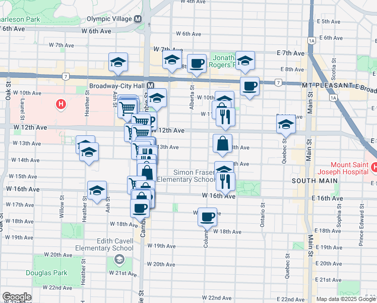 map of restaurants, bars, coffee shops, grocery stores, and more near 304 West 13th Avenue in Vancouver