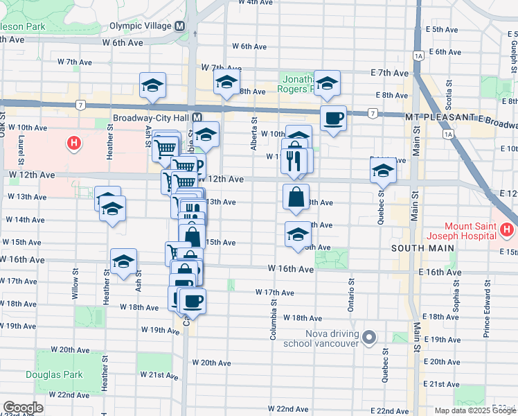 map of restaurants, bars, coffee shops, grocery stores, and more near 252 West 13th Avenue in Vancouver