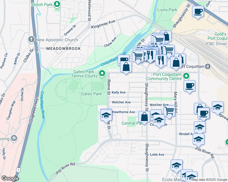 map of restaurants, bars, coffee shops, grocery stores, and more near 2477 Kelly Avenue in Port Coquitlam