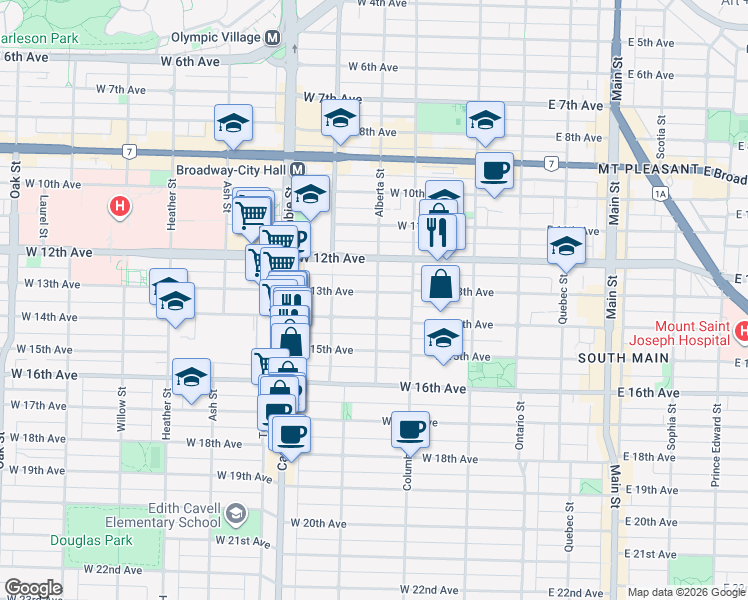map of restaurants, bars, coffee shops, grocery stores, and more near 304 West 13th Avenue in Vancouver
