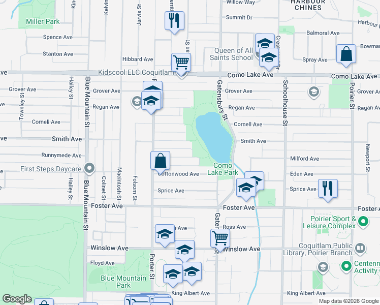 map of restaurants, bars, coffee shops, grocery stores, and more near 1131 Milford Avenue in Coquitlam