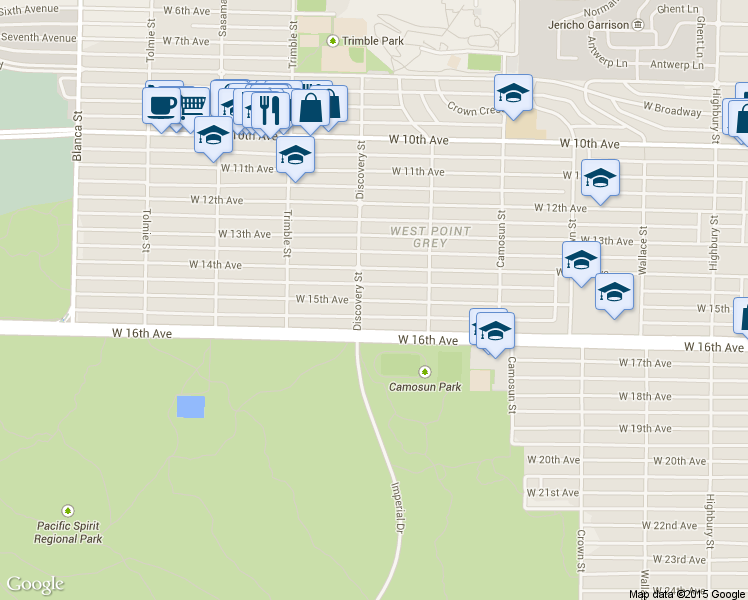map of restaurants, bars, coffee shops, grocery stores, and more near 4267 West 15th Avenue in Vancouver