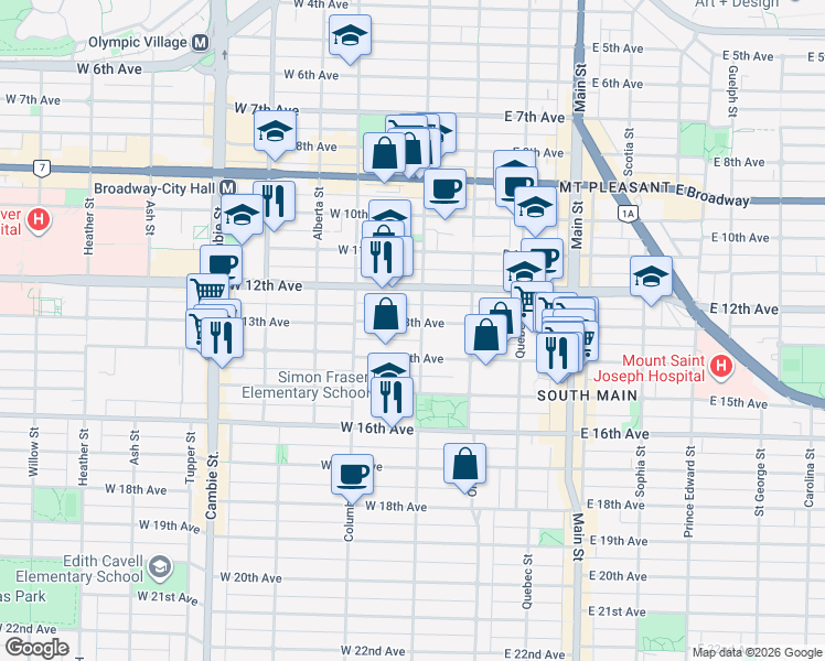 map of restaurants, bars, coffee shops, grocery stores, and more near 108 West 13th Avenue in Vancouver