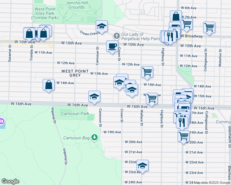 map of restaurants, bars, coffee shops, grocery stores, and more near 3091 Crown Street in Vancouver