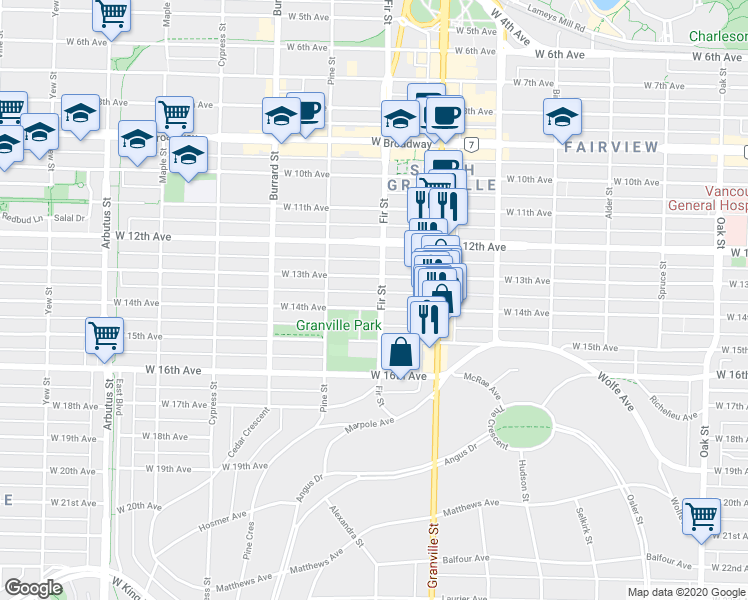 map of restaurants, bars, coffee shops, grocery stores, and more near in Vancouver