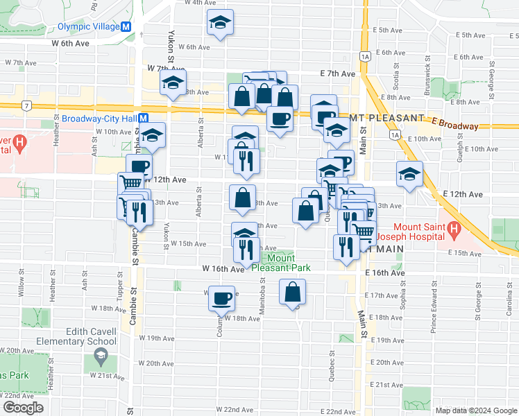 map of restaurants, bars, coffee shops, grocery stores, and more near 106 West 13th Avenue in Vancouver