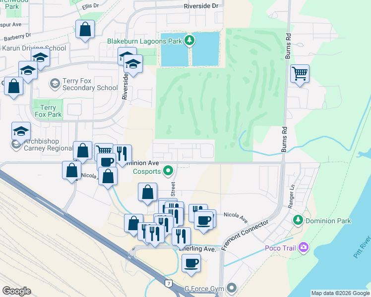 map of restaurants, bars, coffee shops, grocery stores, and more near 34 Avon Place in Port Coquitlam