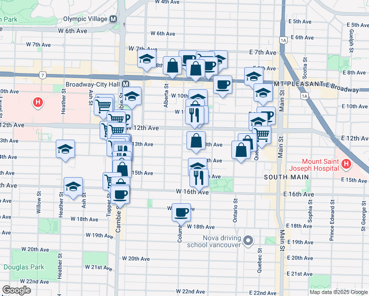 map of restaurants, bars, coffee shops, grocery stores, and more near 2918 Columbia Street in Vancouver